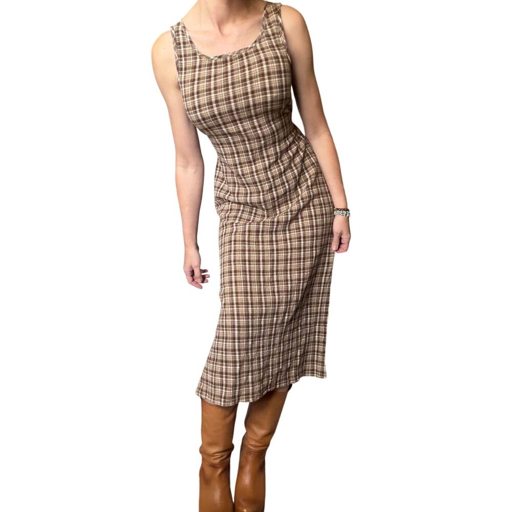 Vintage Old Navy Brown Plaid Midi Dress Cotton Grunge Cottagecore